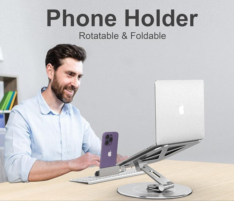 Popular Ultra-Stable Aluminum Swivel Laptop Stand for Desk with Rotating Foldable Phone Holder available for $45 1