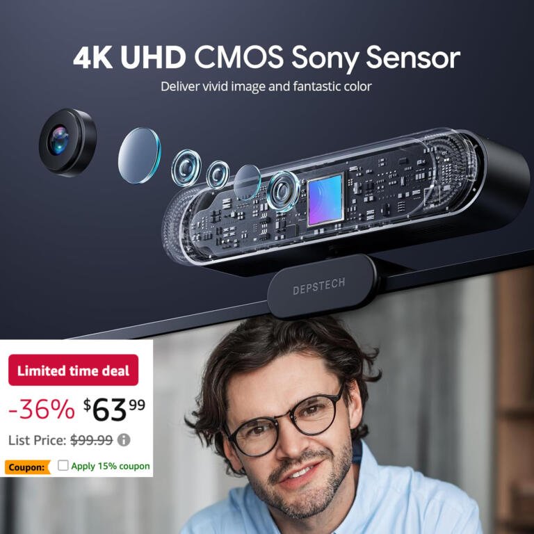 DEPSTECH 4K Webcam With 3X Zoom, Noise Canceling Mic For MacBook Now $55 Only 1