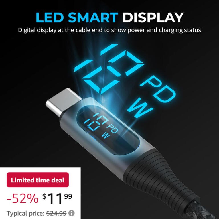 SABRENT 100W USB C to USB C Charging Cable with Smart Display Just $12 Right Now 1