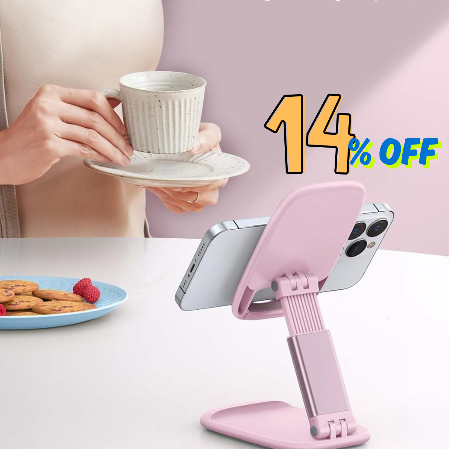 a woman holding a cup and a phone on a stand