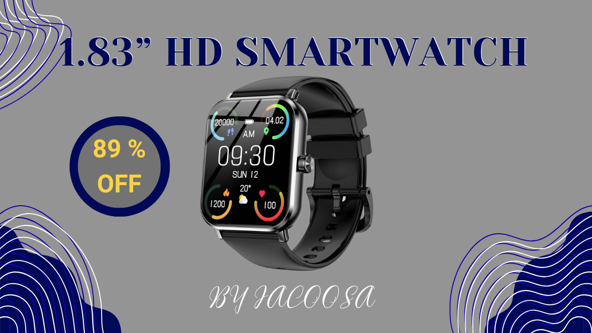 Smartwatch display showing time, date, weather, and a prominent 89% off discount.