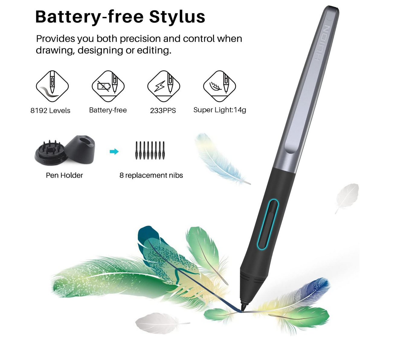 HUION PW100 battery-free stylus pen with side buttons for digital drawing.