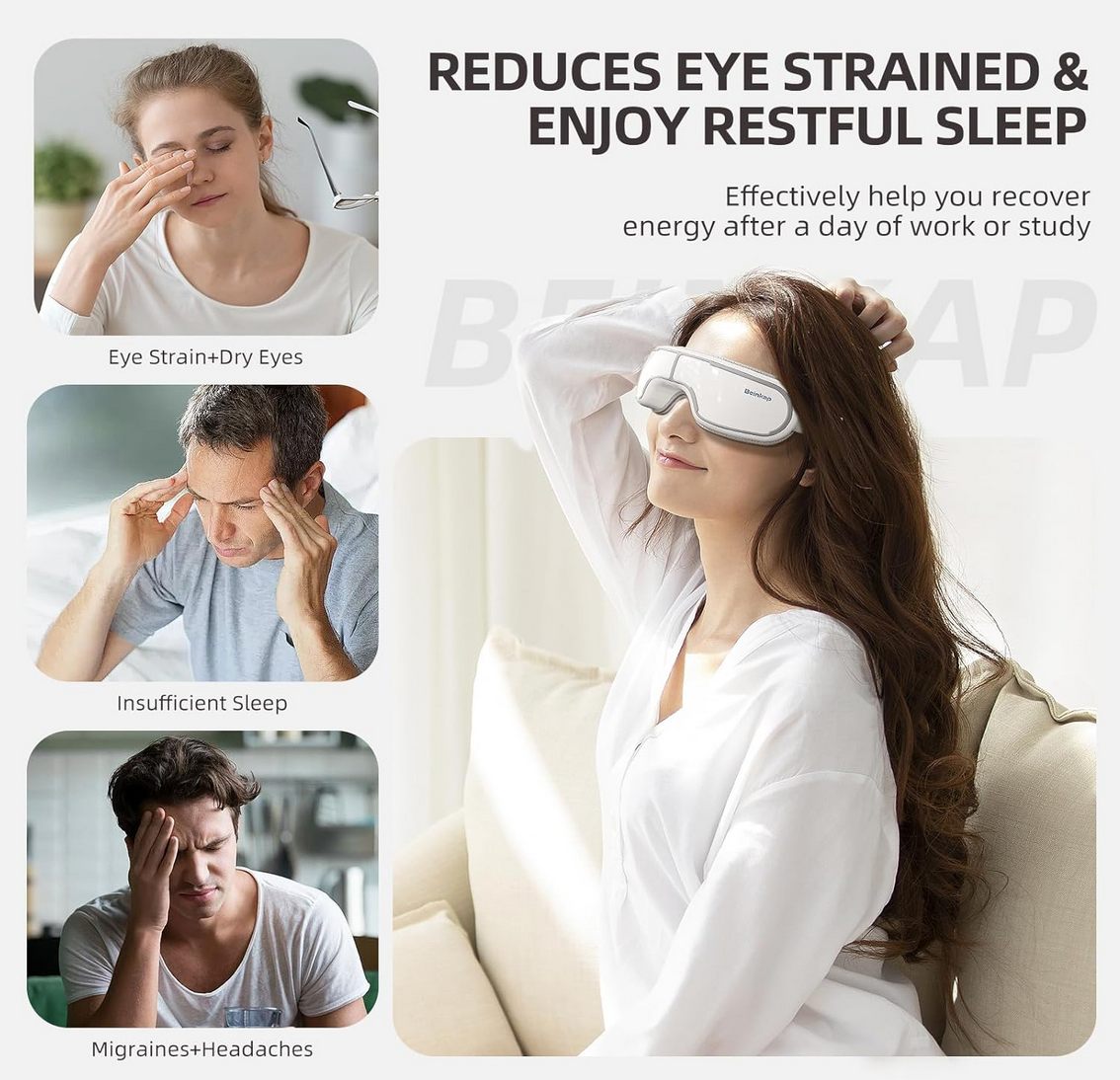 Person wearing Beinkap  heated eye massager for migraine relief and better sleep, eye strain and dry eyes as well
