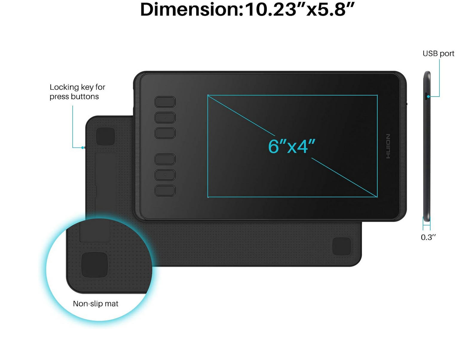 Close-up view of the HUION Inspiroy H640P drawing tablet surface and edges.