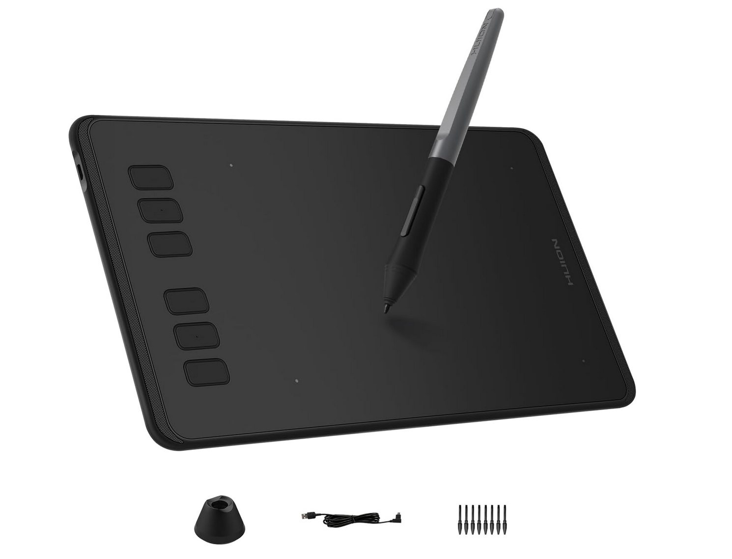 HUION Inspiroy H640P drawing tablet with battery-free stylus on a desk