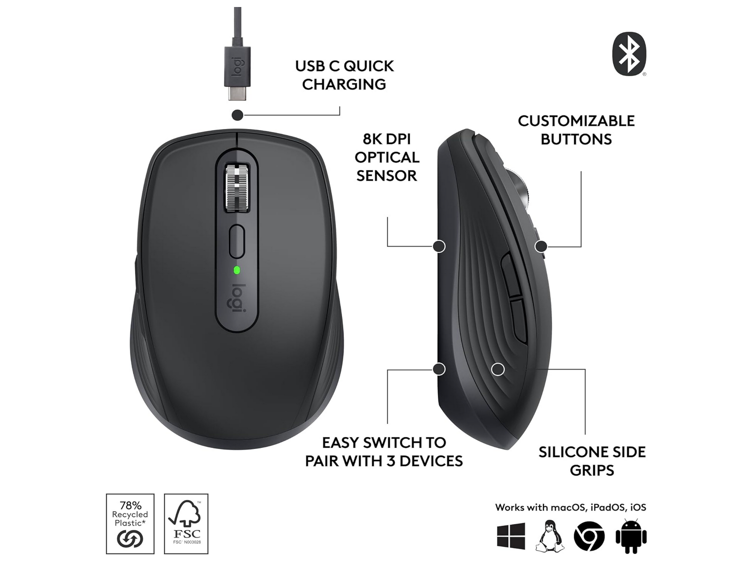 Logitech MX Anywhere 3S Wireless Mouse in black color – side view showing buttons and scroll wheel