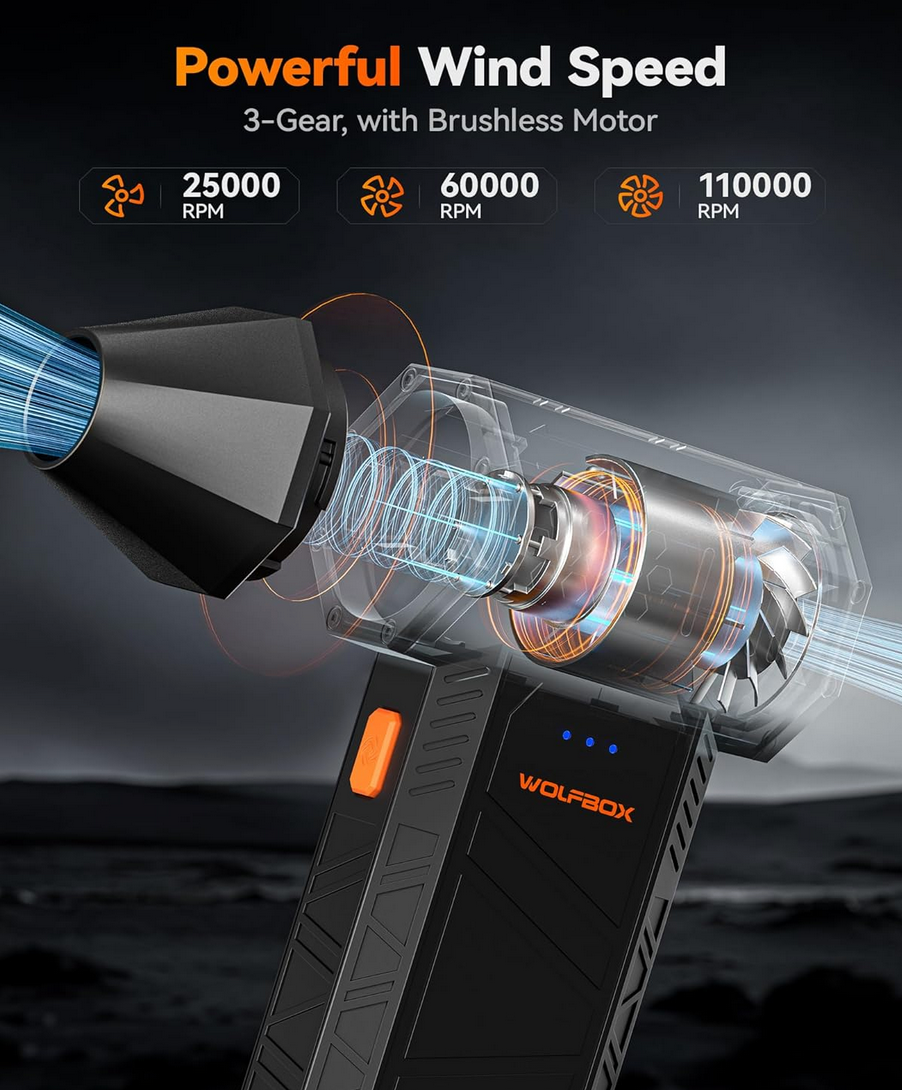 WOLFBOX MF50 : Explosive Cleaning Power with 110000RPM Turbo Air Duster 2 WOLFBOX MF50 Compressed Air Duster-110000RPM Super Power Electric Air Duster