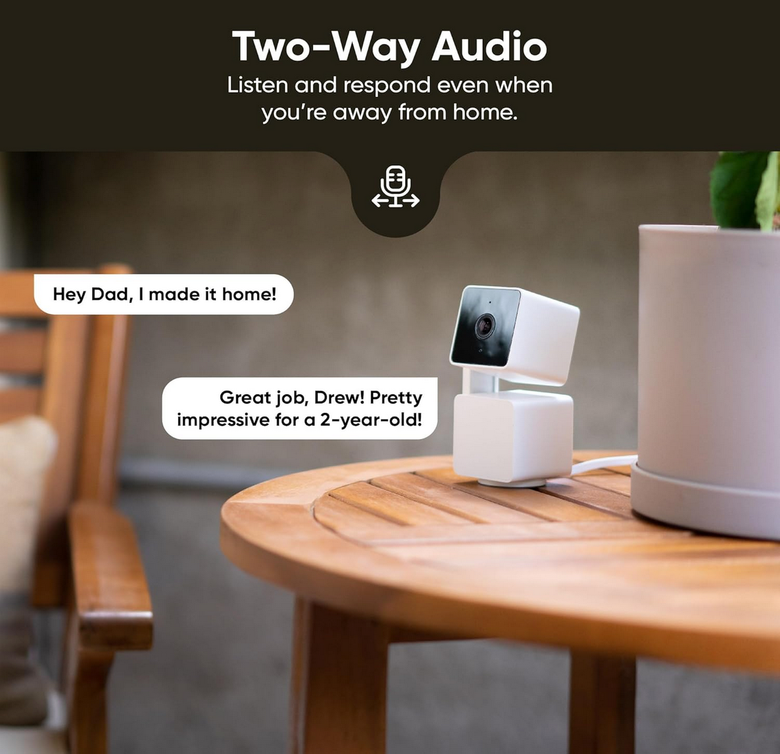 WYZE Cam Pan v3 smart home security camera showing  a conersation between one dad and his kid, showing that it is two way