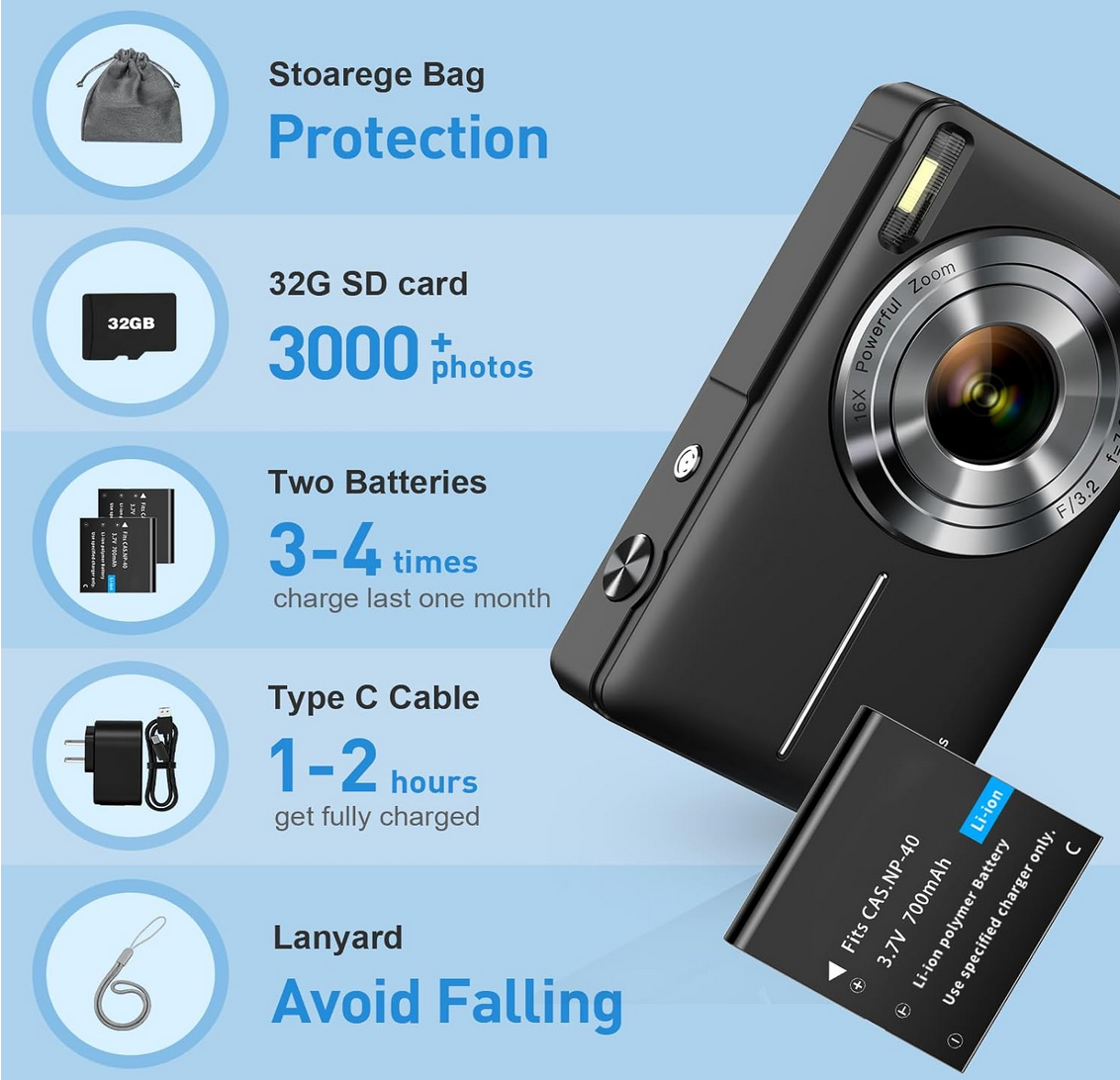 contents of the CAMKORY digital camera kit including camera, two batteries, and 32GB SD card, type c cable and a lanyard
