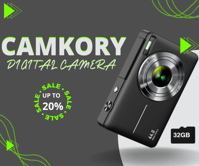 CAMKORY digital camera sale promotion showing 20% discount and 32GB SD