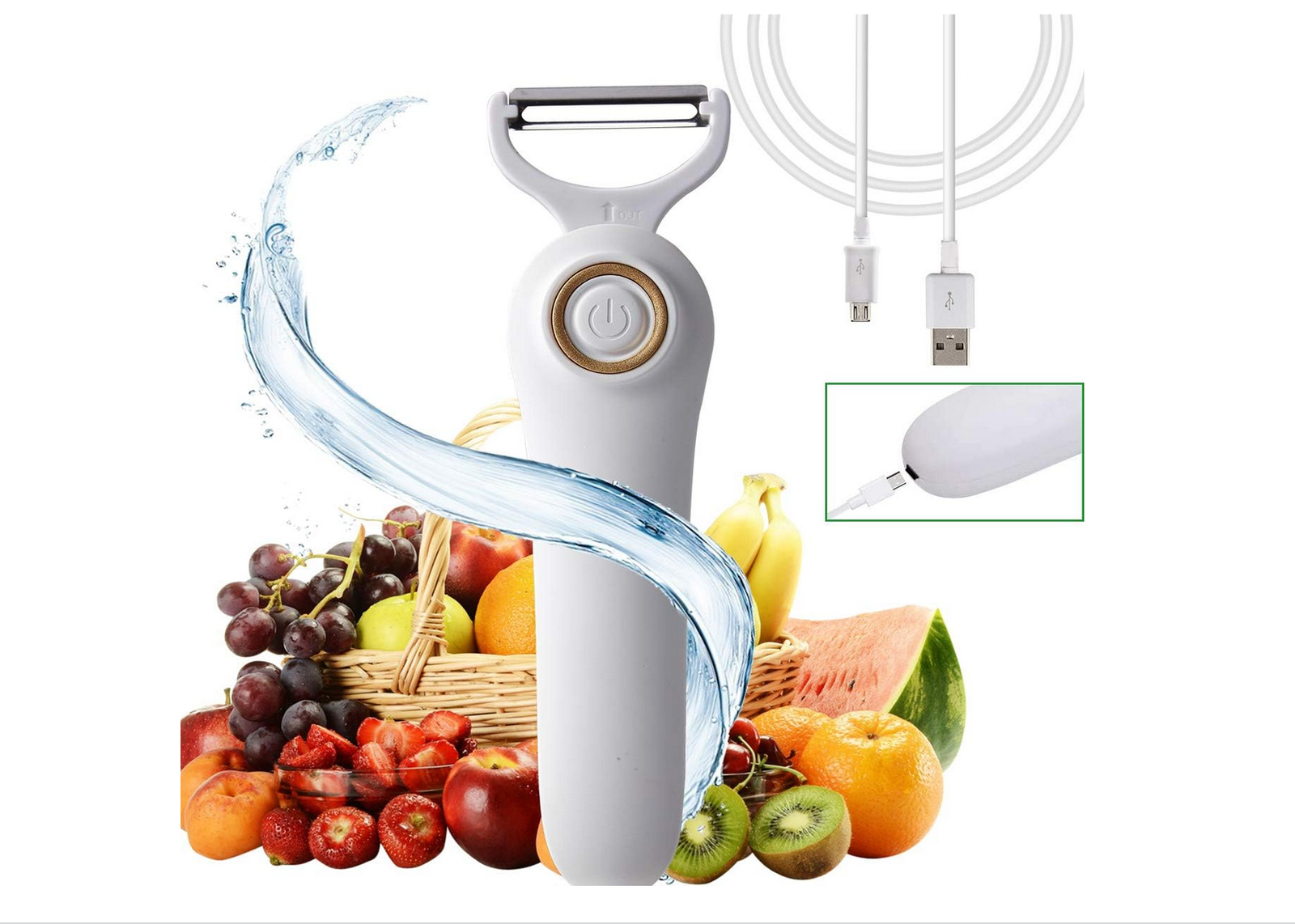 electirc potato Peeler in Use with Fruits and Vegetables:
Demonstration of electric peeler being used on apples and carrots. along with USB charging cable included for the electric peeler