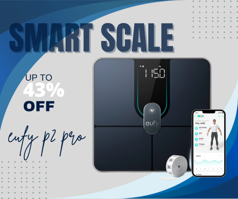 eufy P2 Pro smart scale with digital display and showing body composition data
