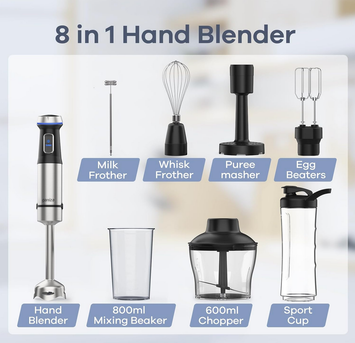 Ganiza 8-in-1 immersion blender with all attachments displayed