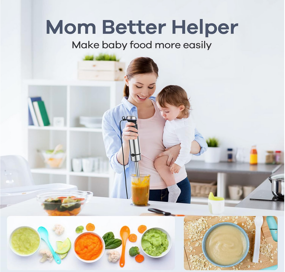 a mom using the Ganiza immersion blender handheld blender to puree soup in a glass cup looking while holdinh her child