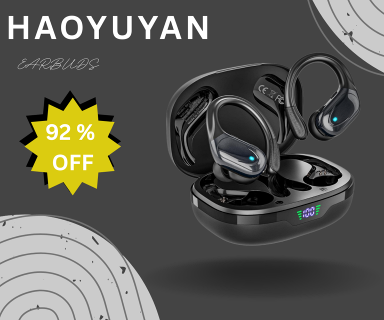 HAOYUYAN earbuds promotional graphic showing 92% off discount offer.