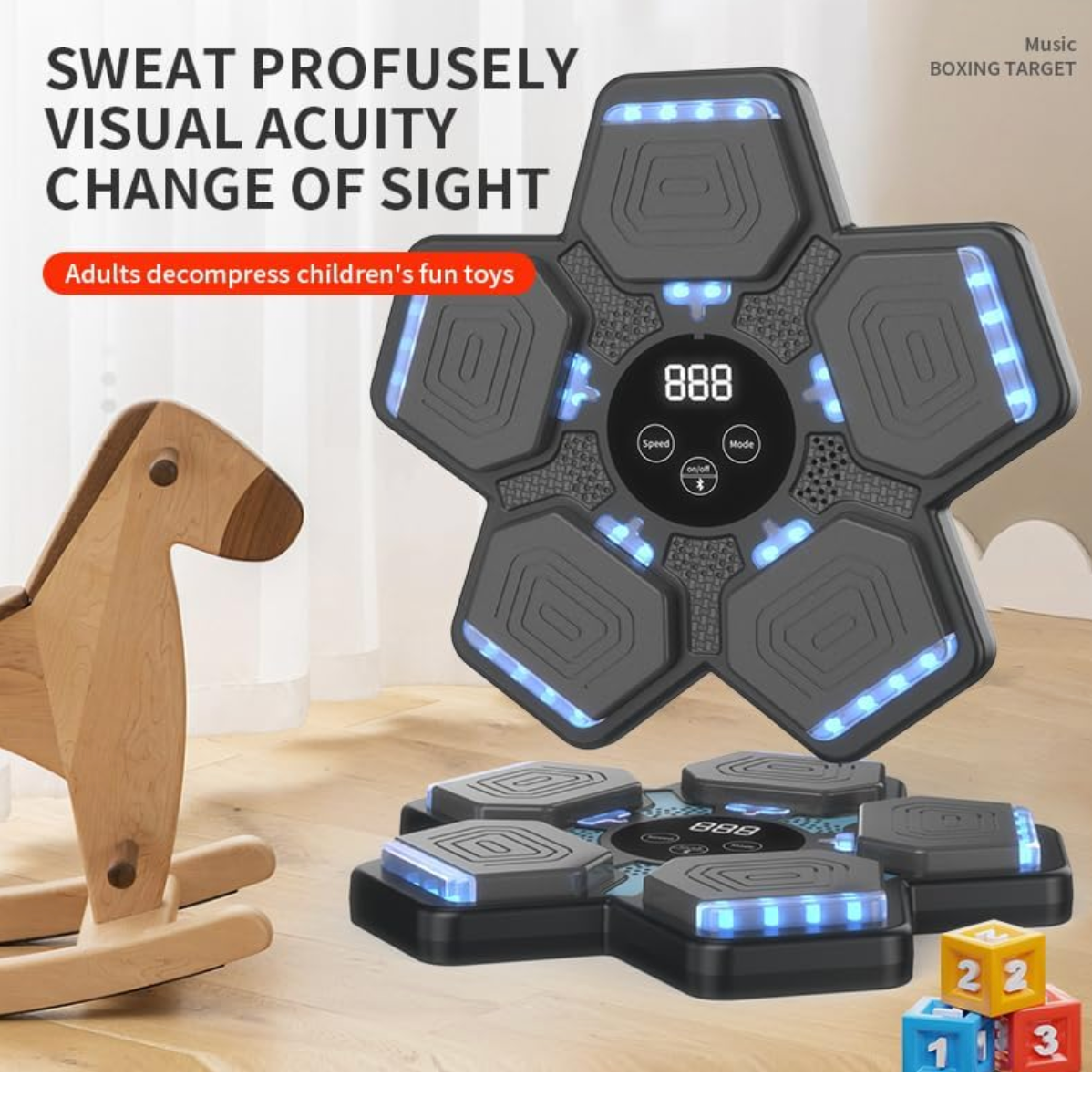Wall-mounted smart boxing pad with Bluetooth music and scoring display.