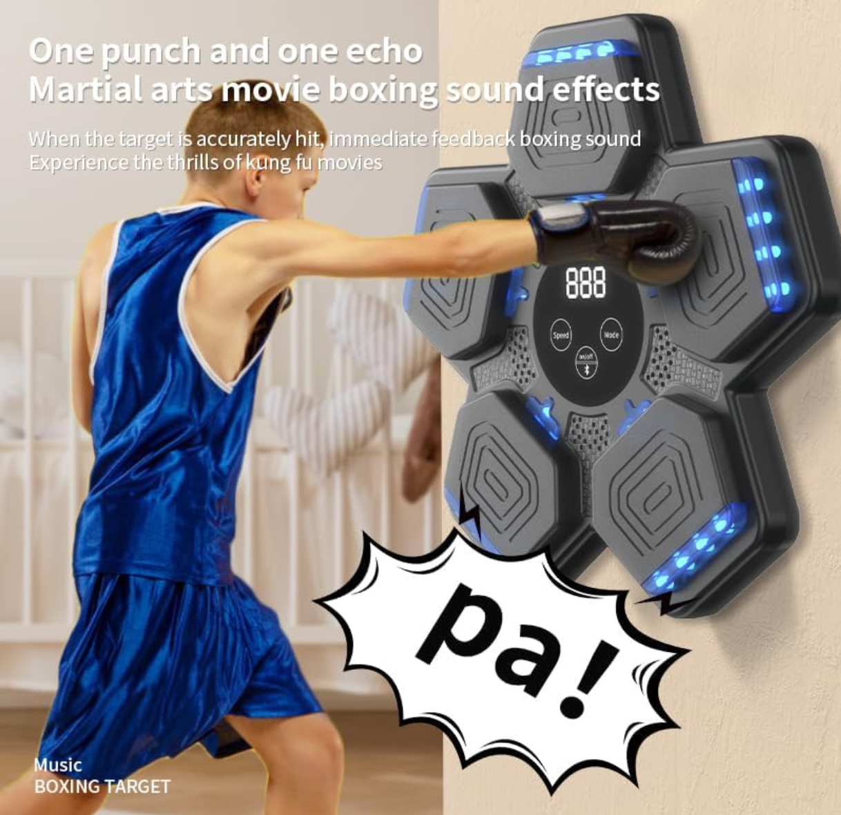 Teen practicing punches on HOTSEVEN 2025 Smart Music Boxing Machine with LED targets.