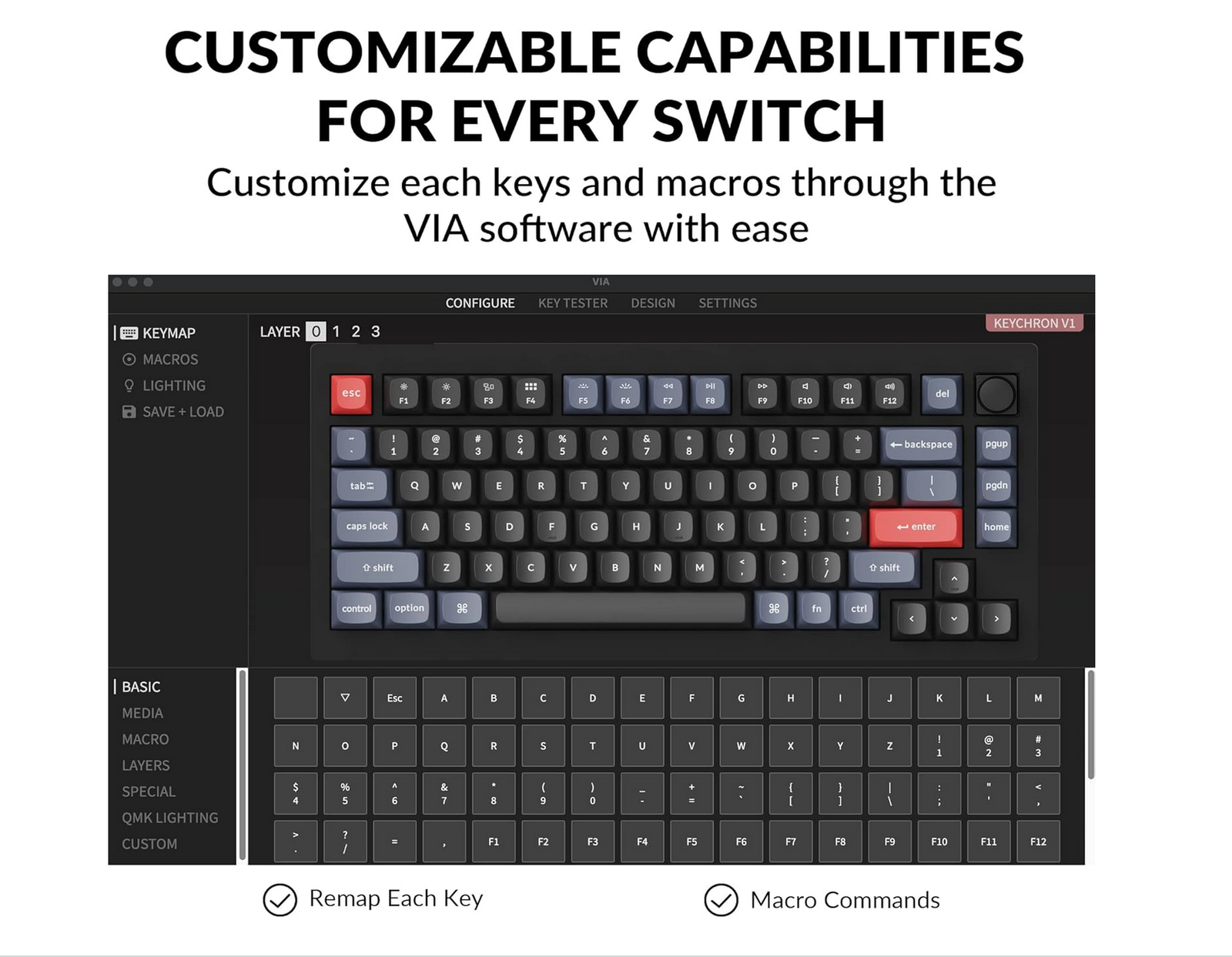 Keychron V1 75% Wired Mechanical Keyboard with Red Hot-swappable Switches – Carbon Black Layout