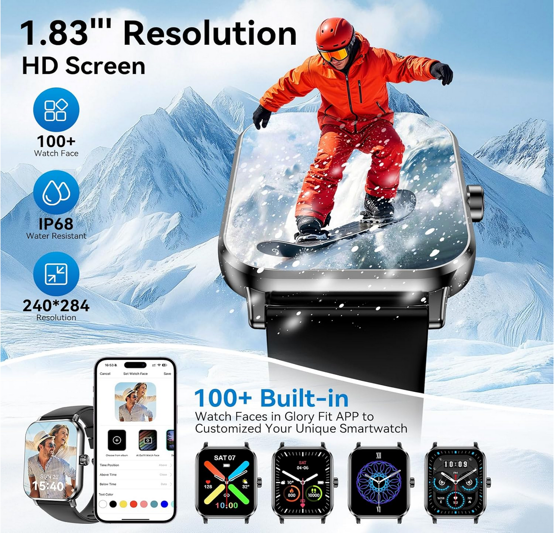 1.83-inch HD smartwatch with fitness tracking, Bluetooth calling, and 130+ sports modes, water resistant, resolution