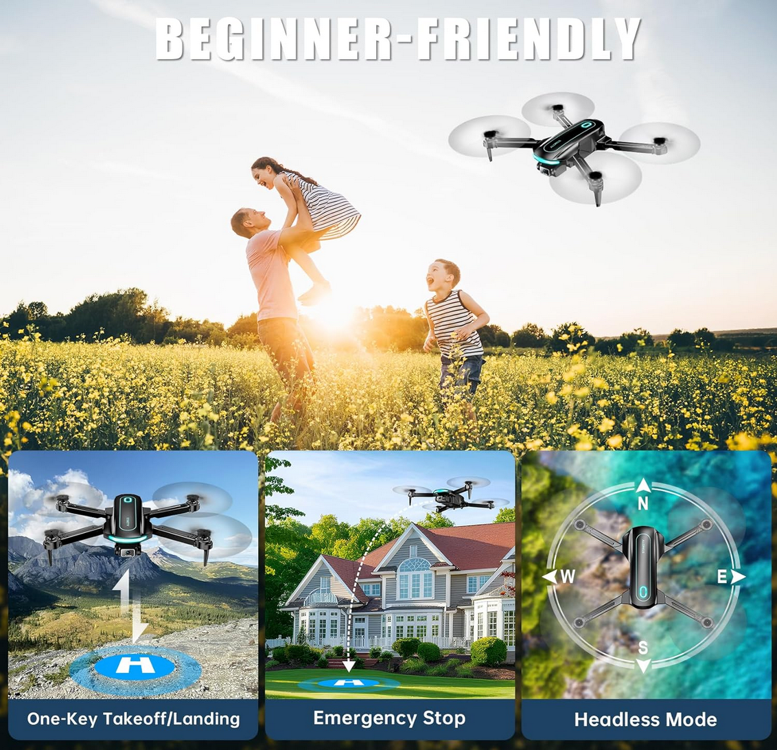 Alorels 1080P FPV Foldable Mini Drone in headless mode, emergency stop and one key takeoff
