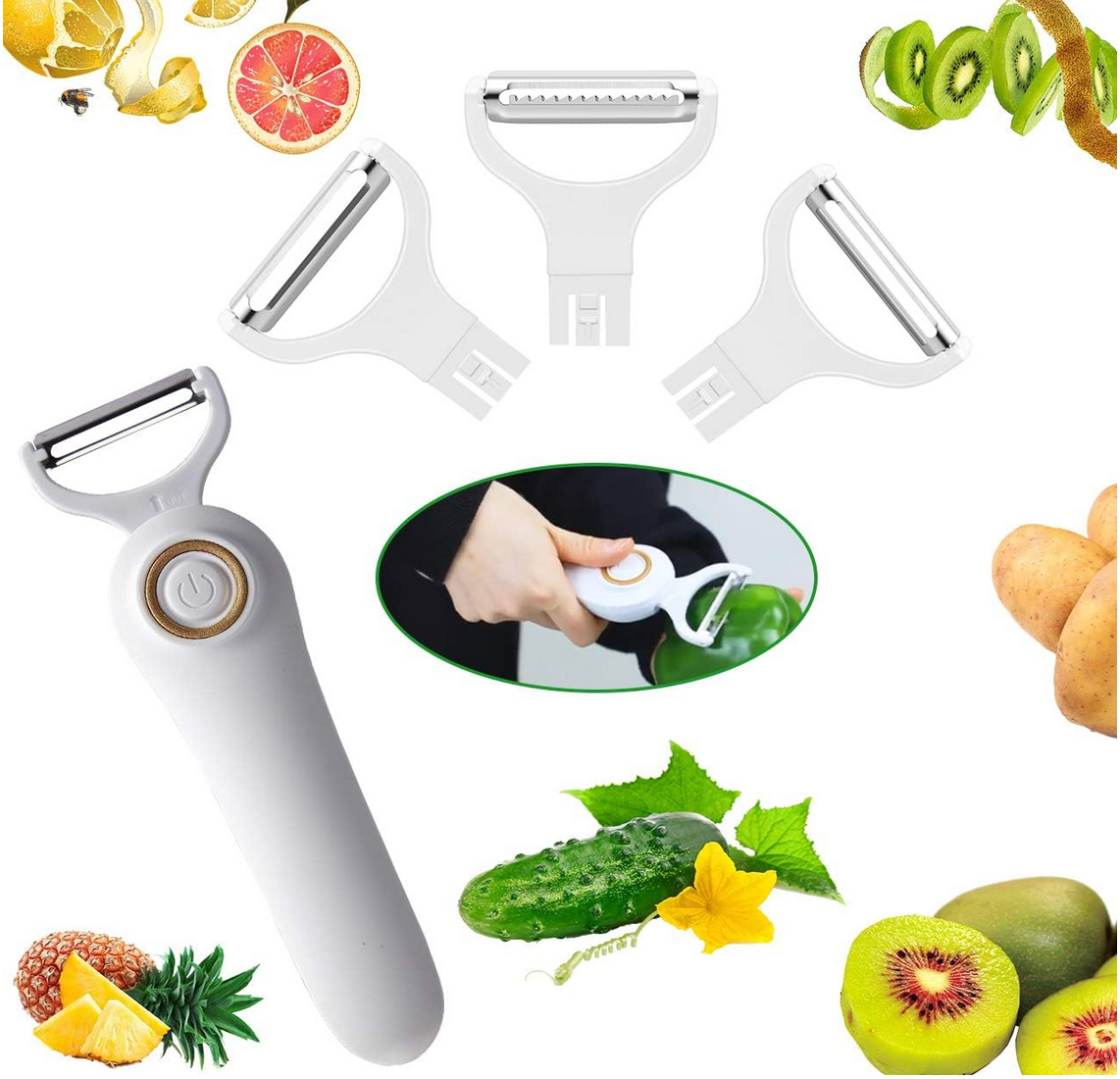 electric potato Peeler in Use with Fruits and Vegetables:Demonstration of  being used on capsicum, potato, kiwi, cucumber.