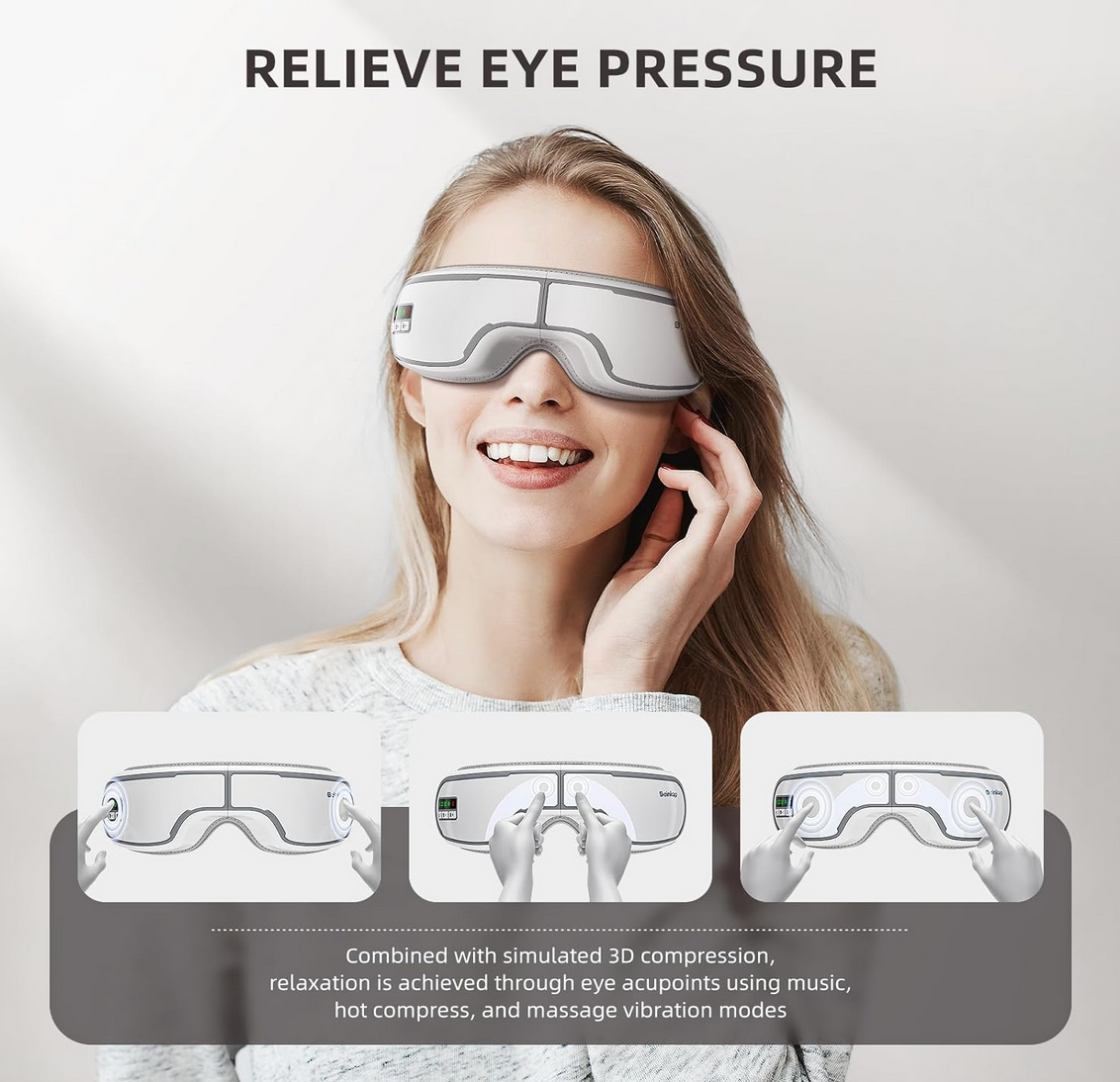 Person wearing Beinkap heated eye massager for personal care