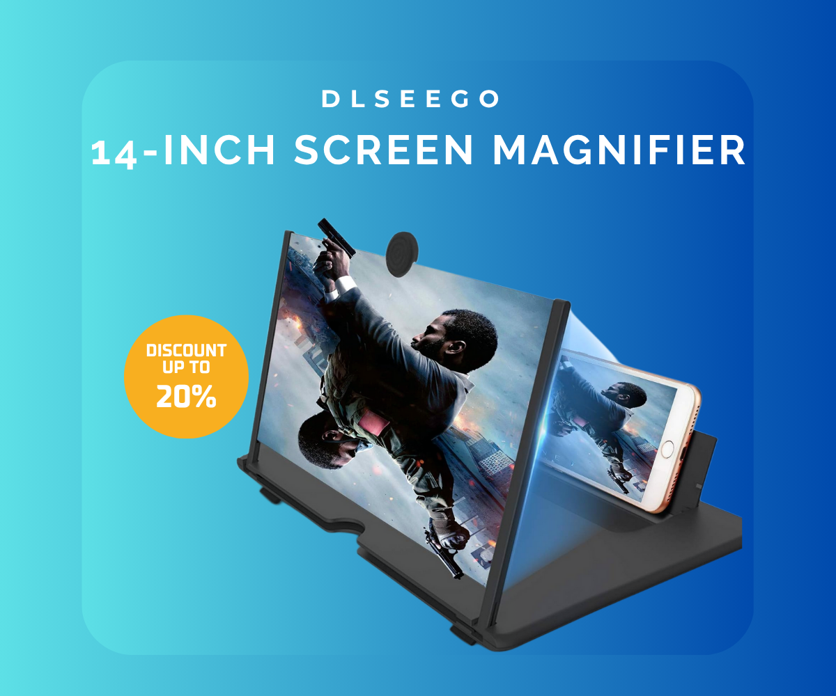 14-inch DLseeGo Screen Magnifier showing smartphone movie setup