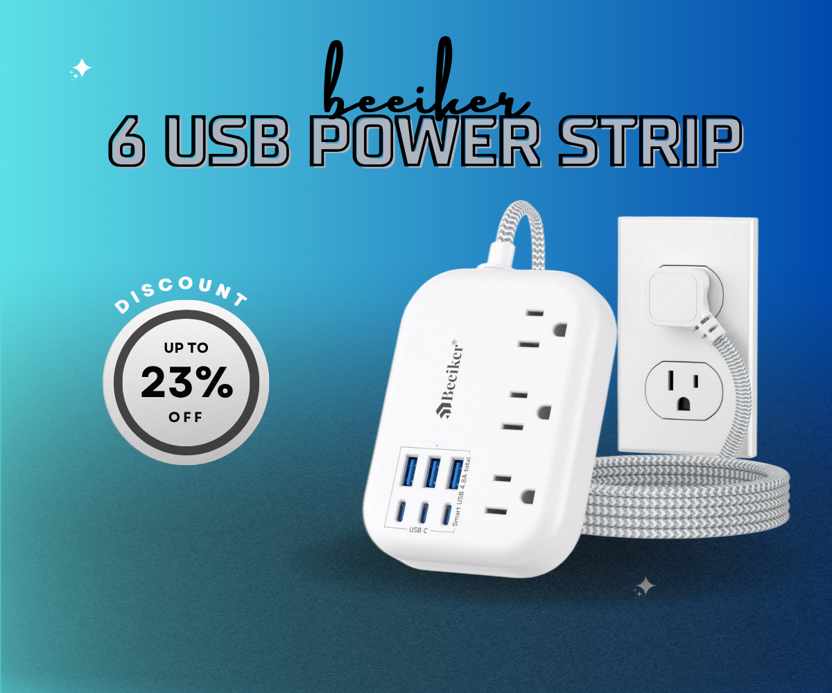Beelker white 6 USB power strip with 3 outlets and braided cord