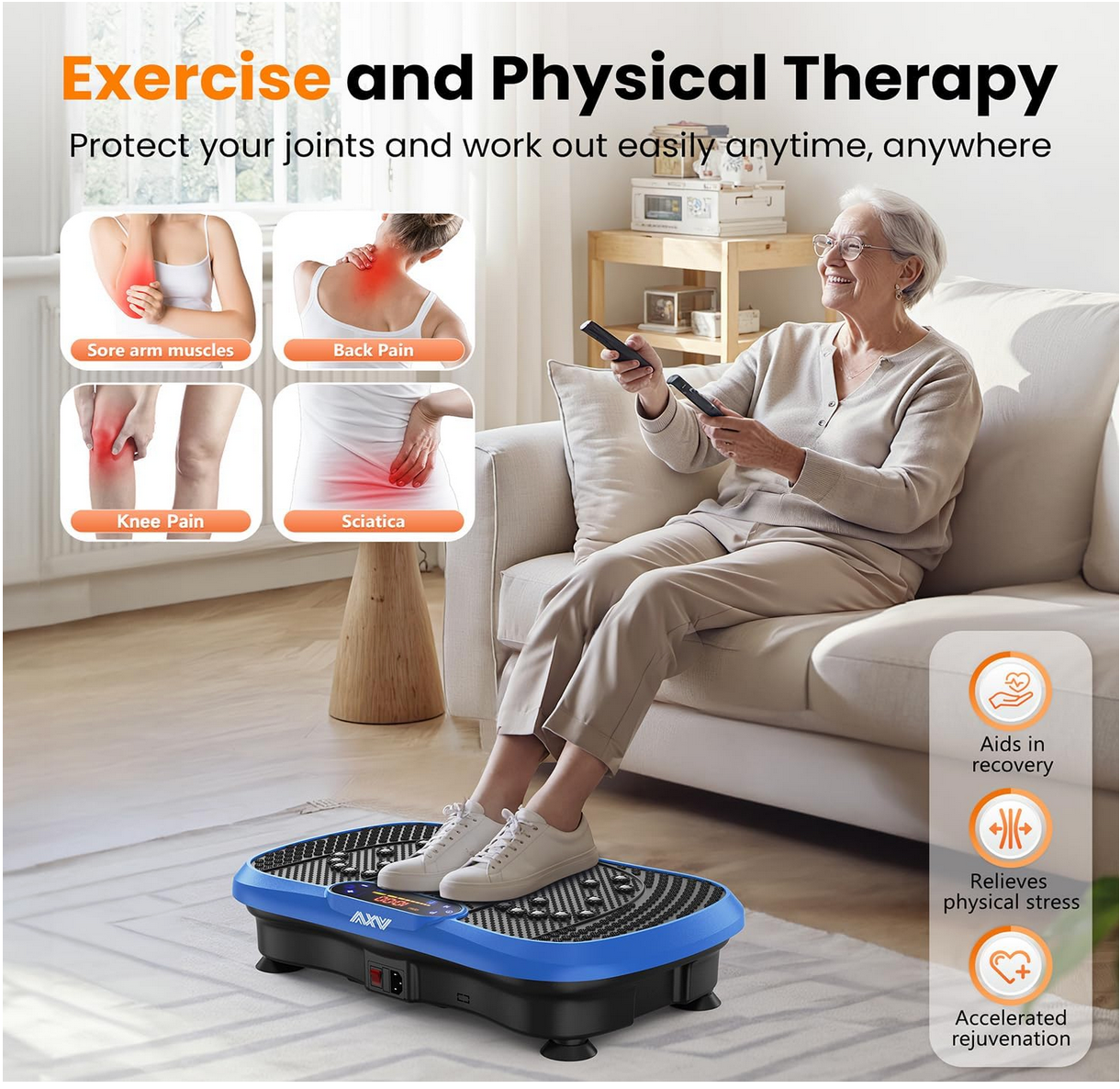 Top 10 Reasons the AXV Vibration Plate Is the Best Budget Home Workout Machine (Under $100!) 4 AXV Vibration Plate fitness machine blue model, with a old woman on couch while using it for physical therapy