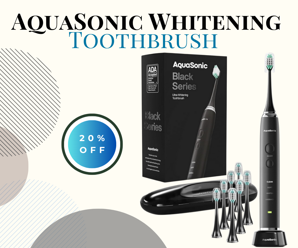 AquaSonic Black Series Ultra Whitening Electric Toothbrush with 8 brush heads and travel case