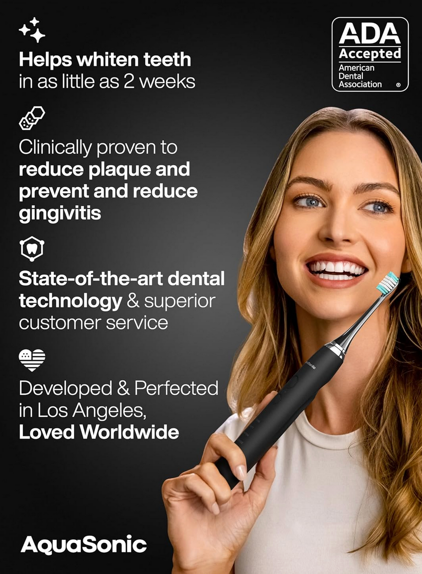 AquaSonic Black Series Ultra Whitening Electric Toothbrush with a woman with great gums and teeths