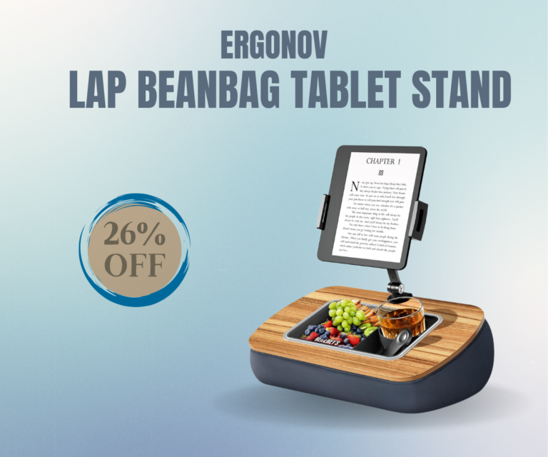 ERGONOV Lap Beanbag Tablet Stand: The Ultimate Hands-Free Comfort | 26% OFF on Amazon! 10 Gray ERGONOV beanbag lap pillow stand holding a tablet, with the built-in snack bowl visible