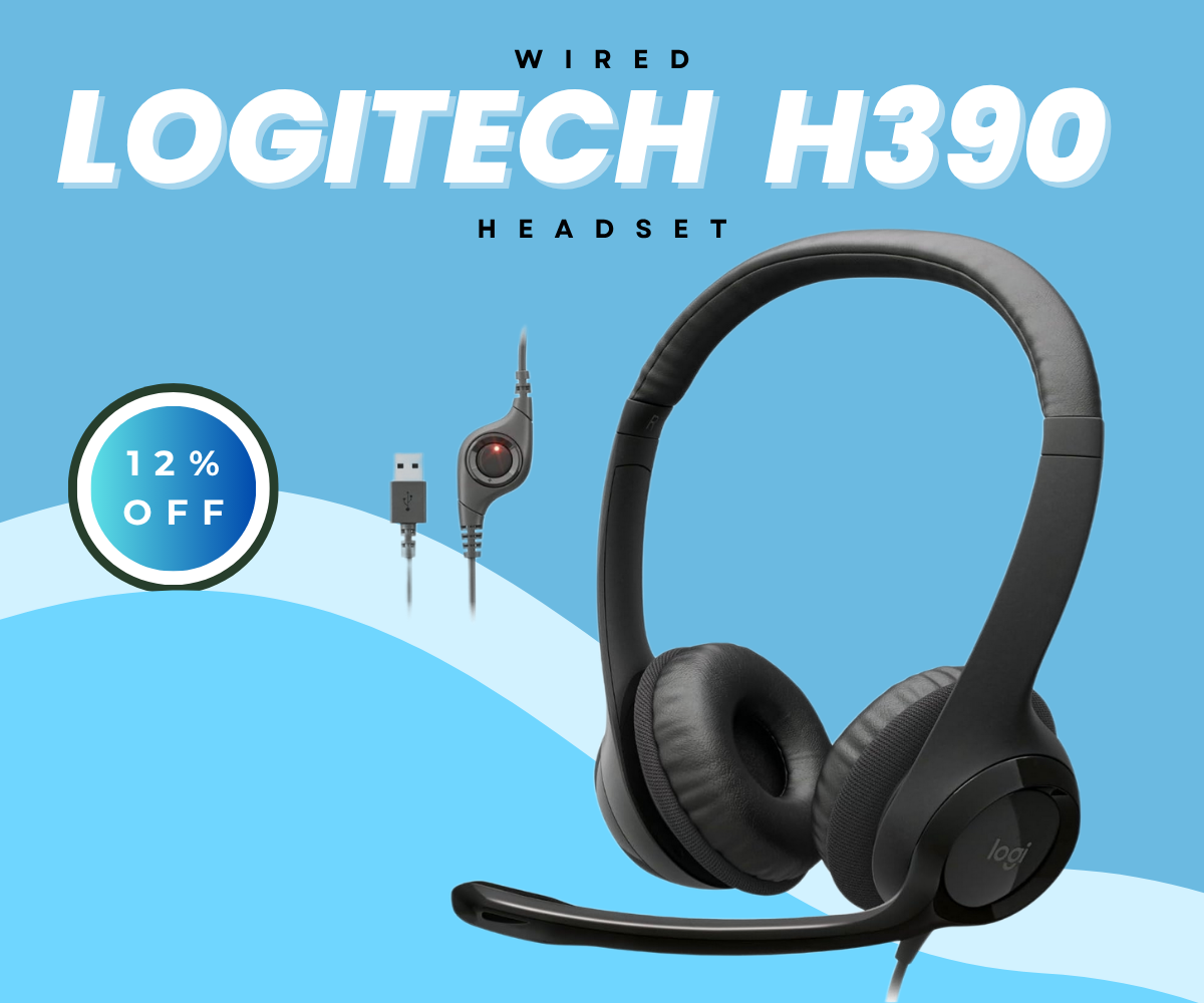 Black Logitech H390 wired USB headset with noise-cancelling microphone on a clean background