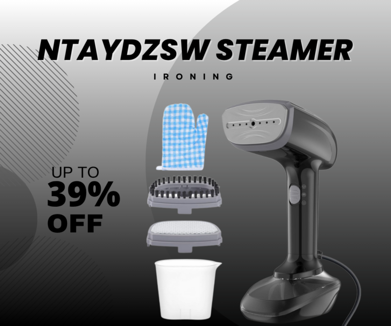 Black NTAYDZSW handheld fabric steamer with lint brush and nozzle on a white background