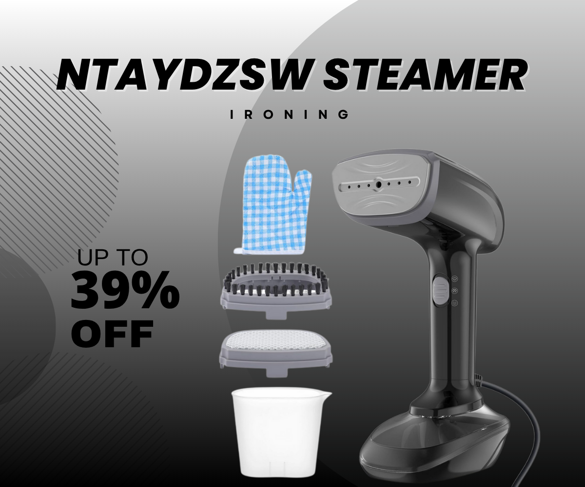 Black NTAYDZSW handheld fabric steamer with lint brush and nozzle on a white background