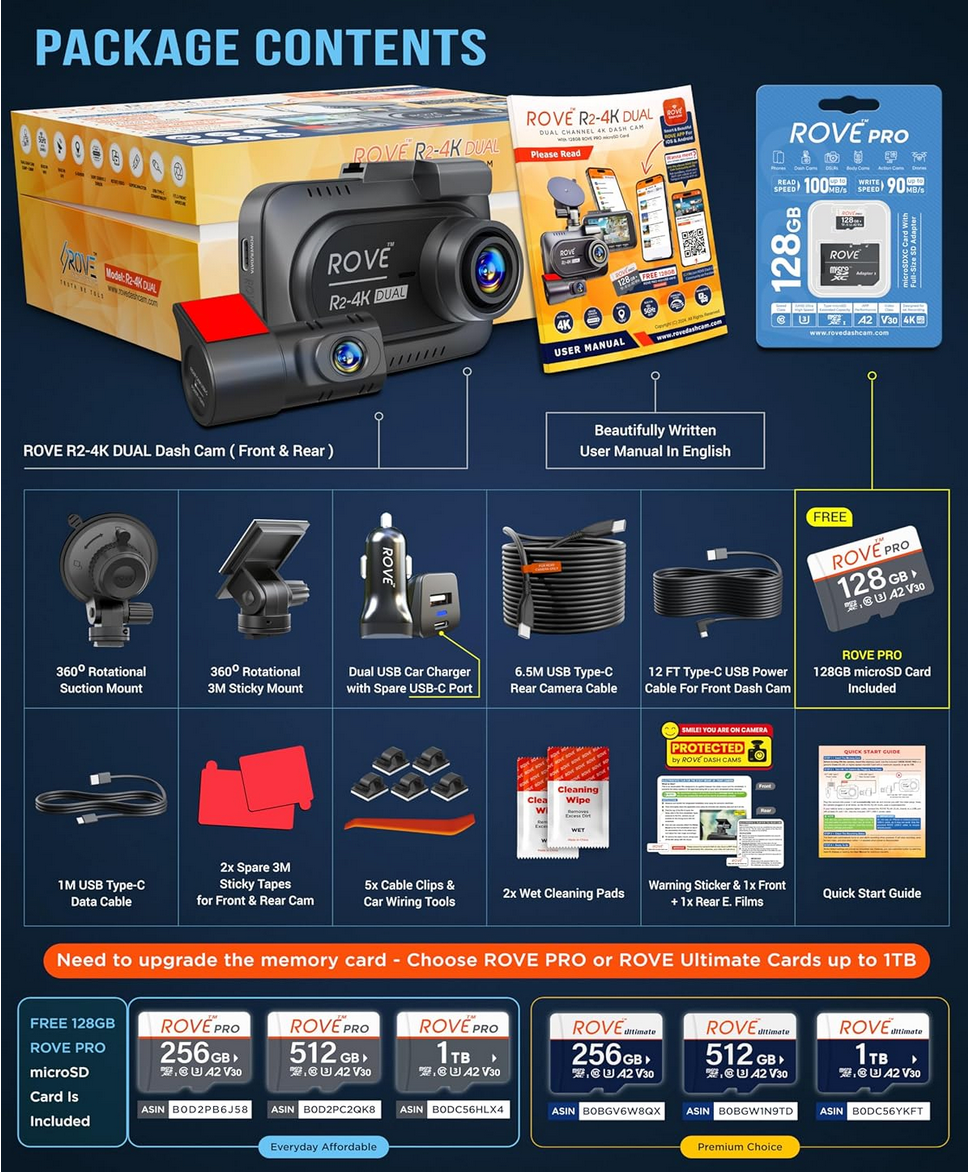 ROVE R2-4K DUAL Dash Cam Review: Ultimate Car Protection at 50% Off! 4 ROVE R2-4K DUAL dash cam showing the package contents