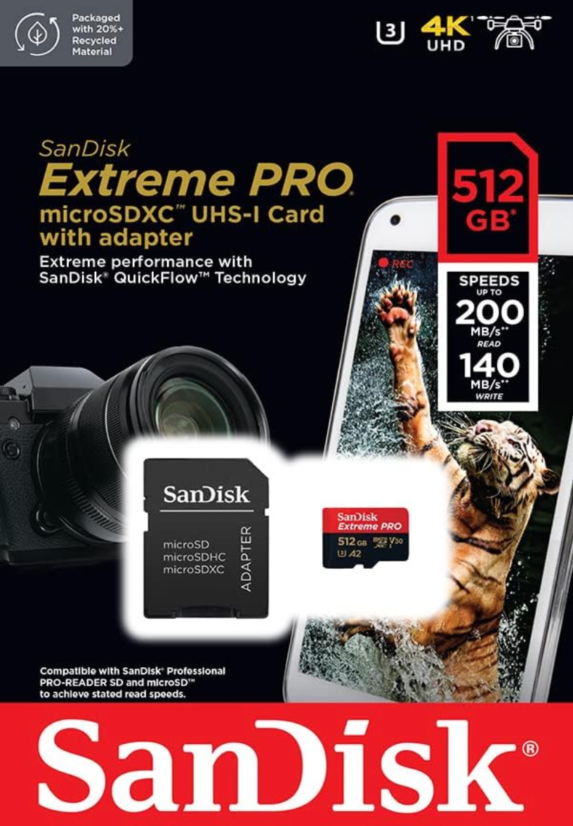 SanDisk extreme 512GB microSD card showing speed class ratings and specifications