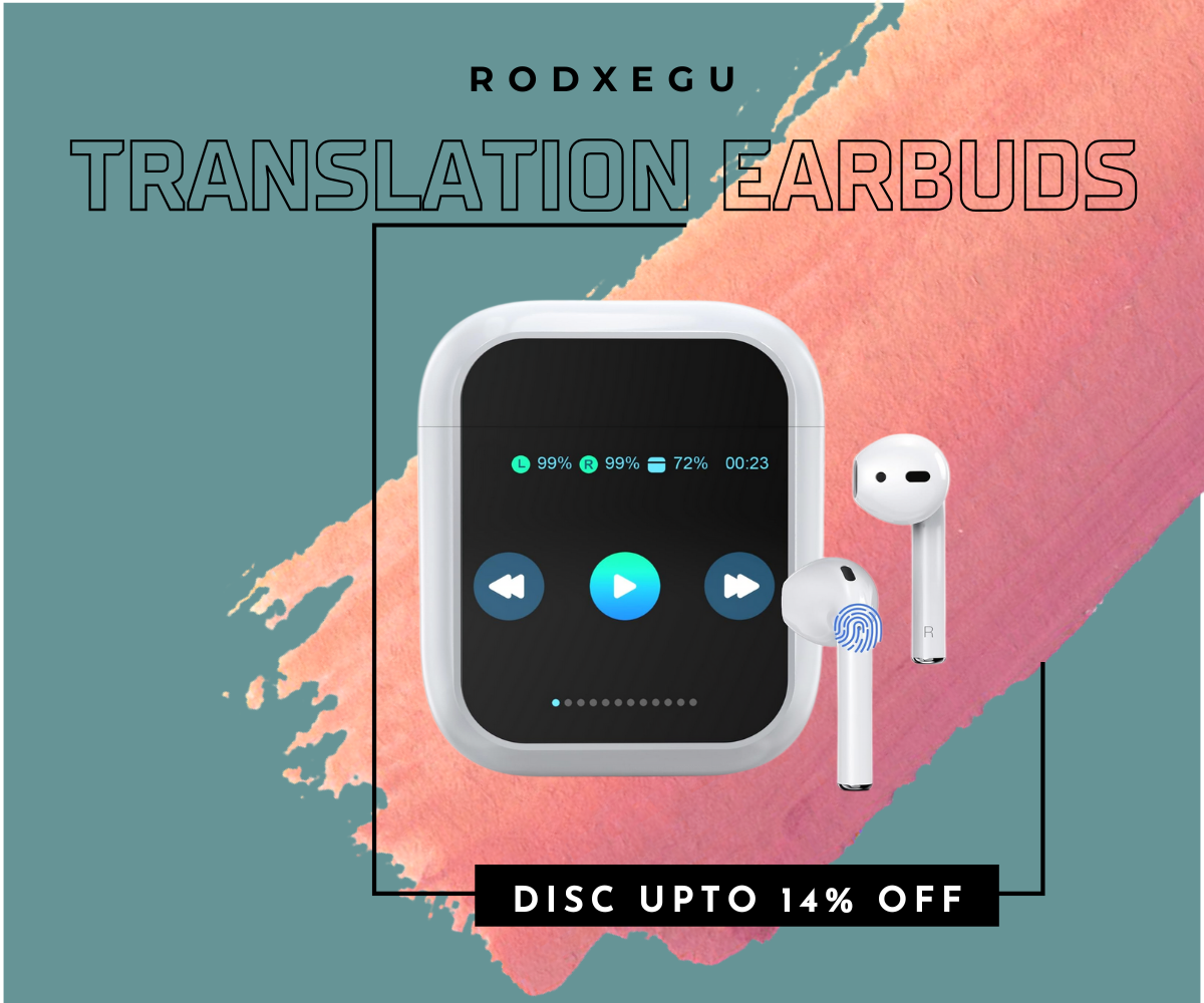 AI Translation Earbuds Real-Time 144 Languages – White color shown with display screen.
