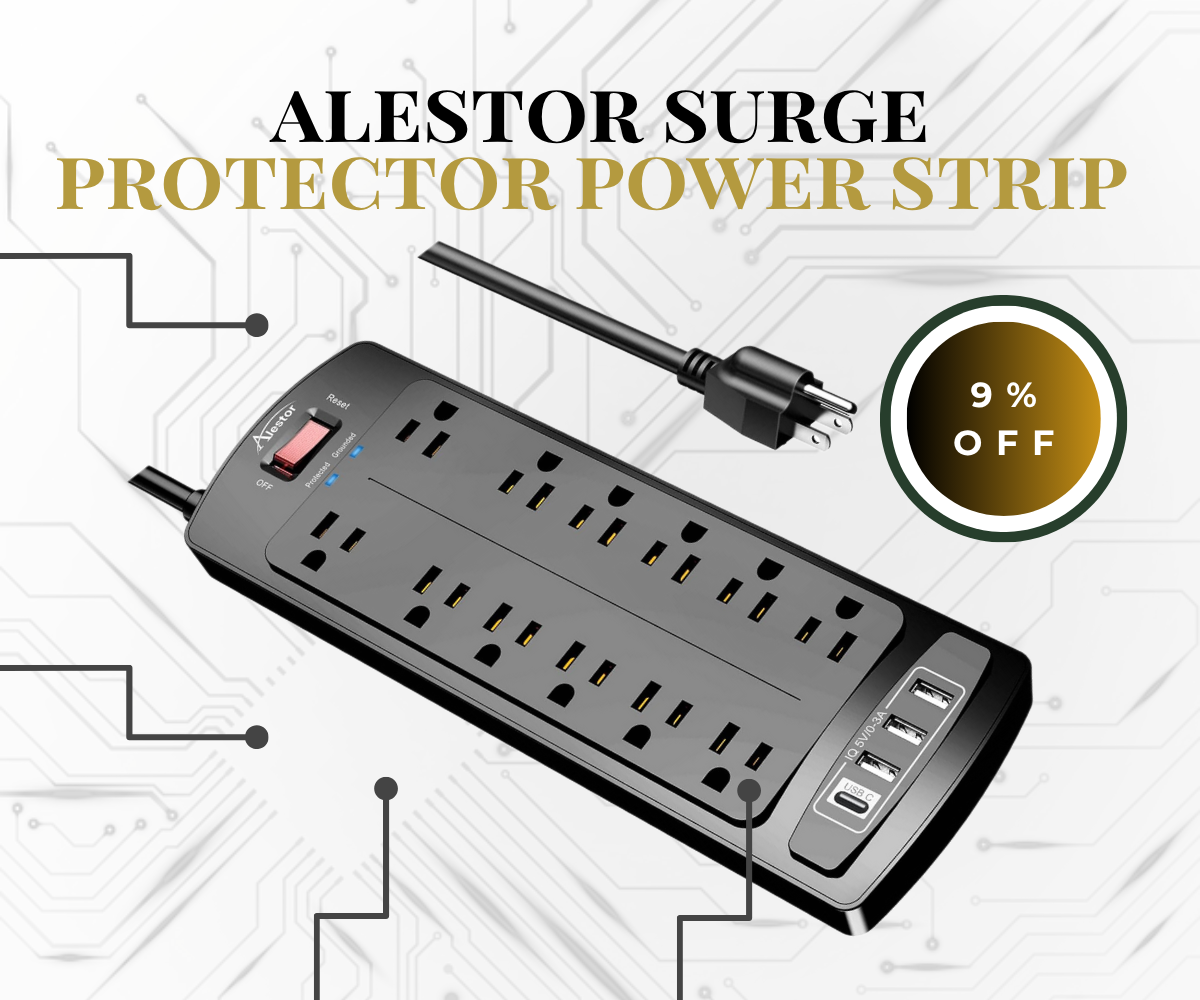 Black Alestor Surge Protector with 12 outlets and 4 USB ports