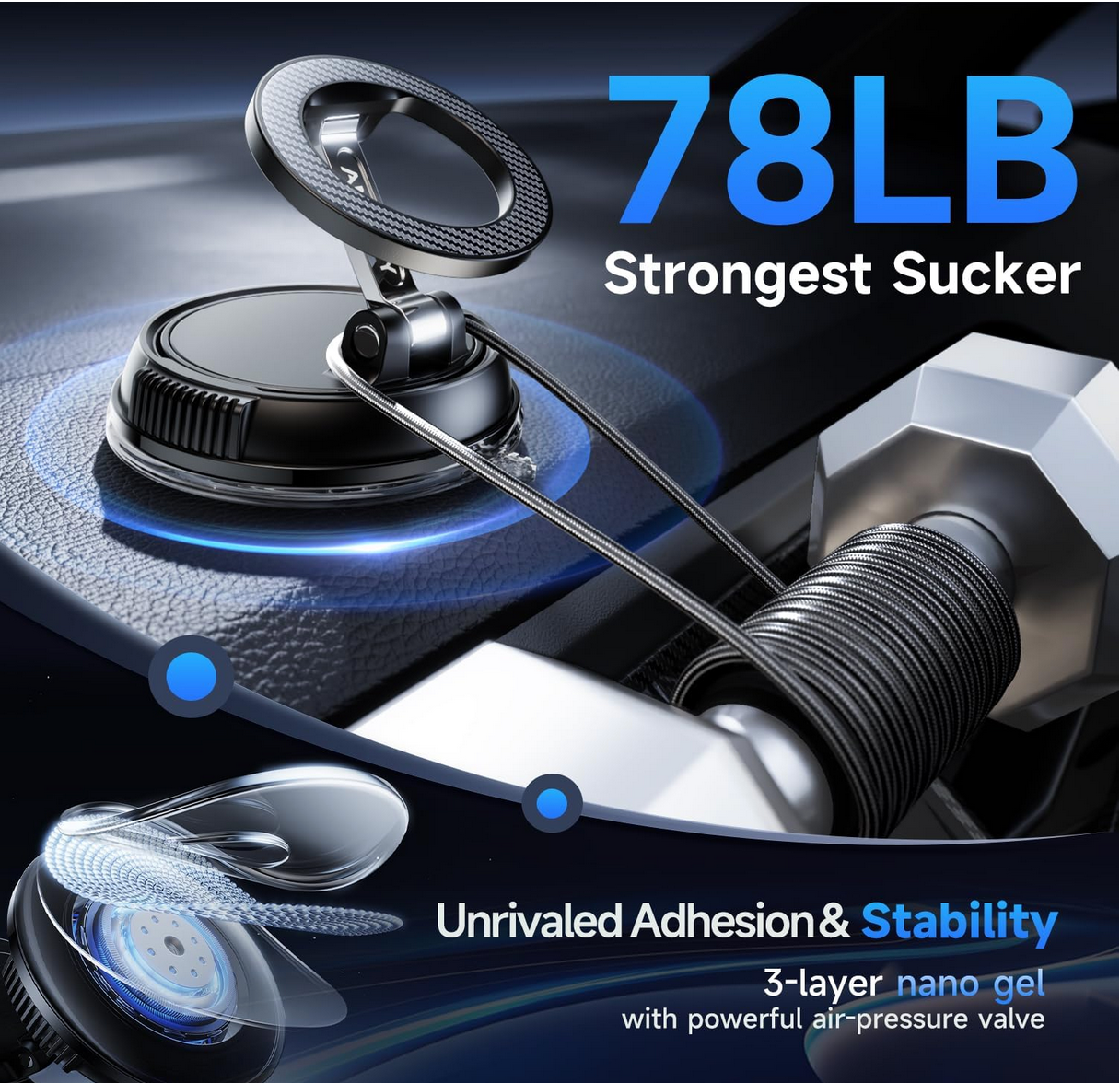 ANDERY Car Phone Holder demonstrating 78+ lbs suction strength on car dashboard.

