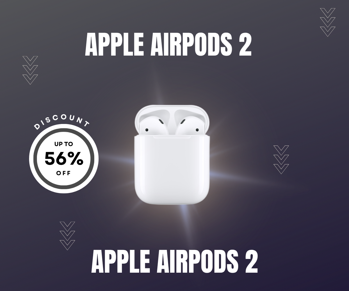 White Apple AirPods 2 with charging case on a clean background, certified renewed.