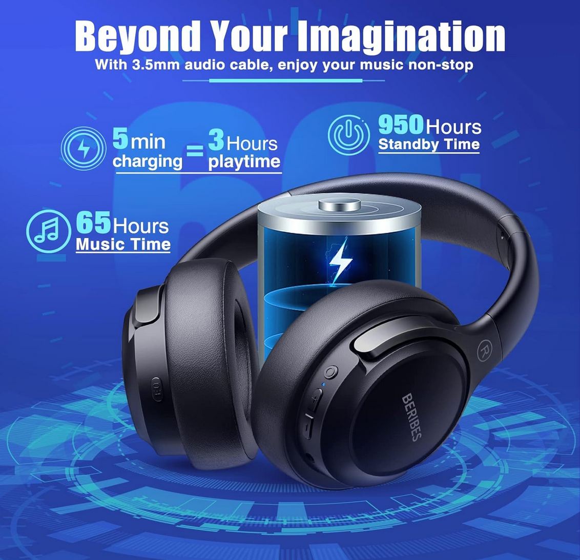 BERIBES Bluetooth over-ear headphones in black with cushioned earcups and foldable design.
