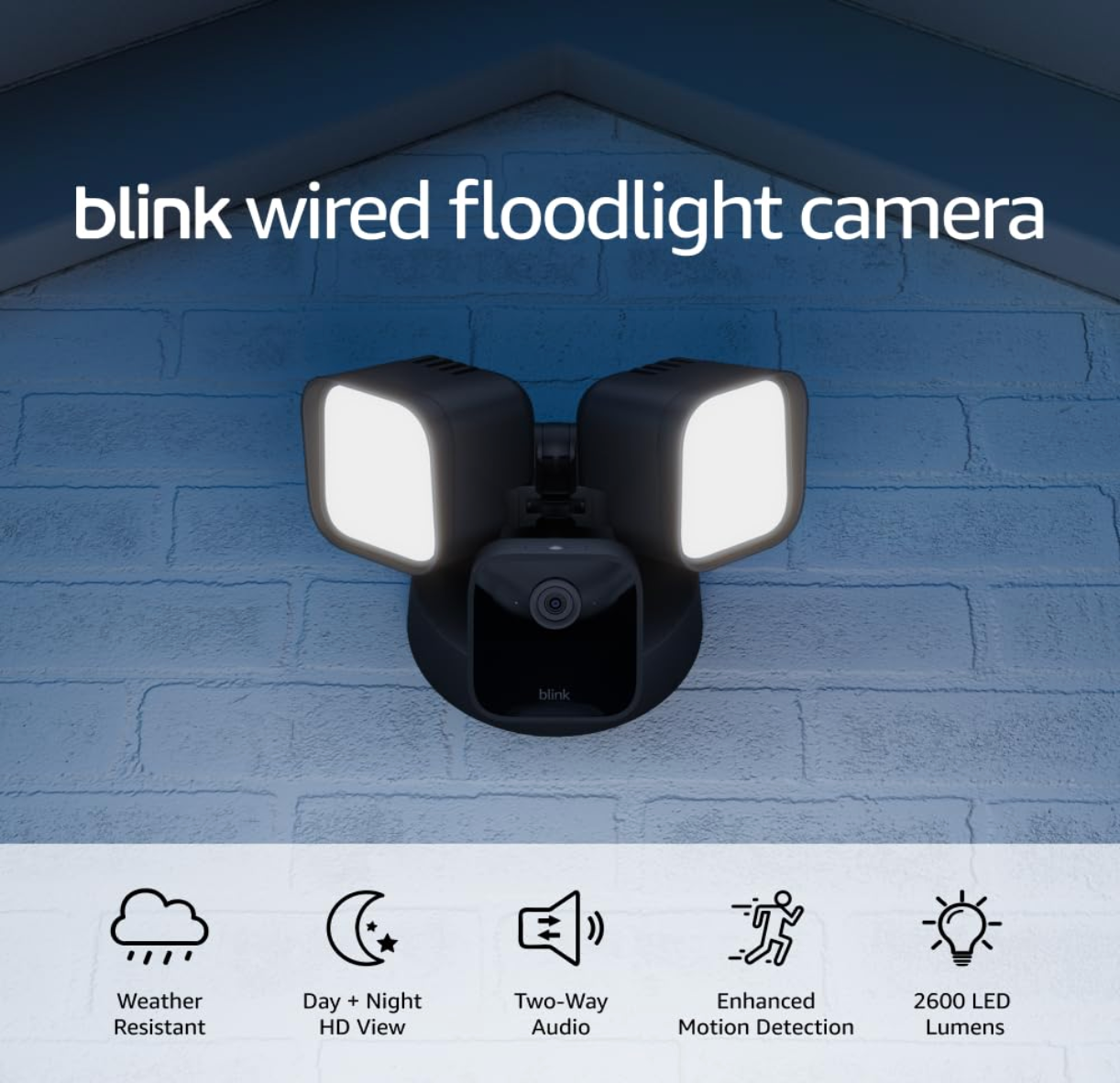 Blink Wired Floodlight Camera mounted on a wall, showing dual LED lights and built-in HD camera with Alexa compatibility.
