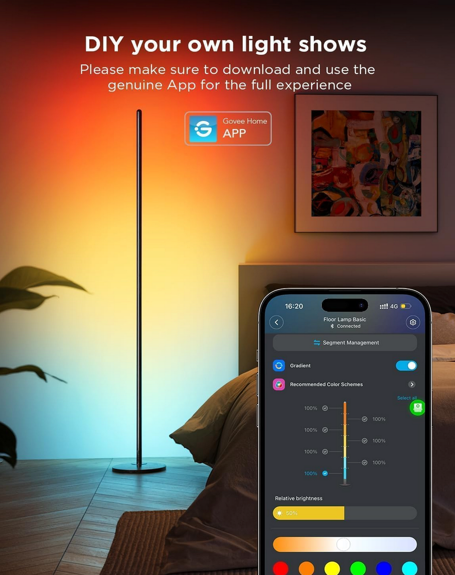 Govee RGBIC Floor Lamp – 40% Off on Best LED Corner Lamp with Alexa & Music Sync 3 Govee RGBIC smart LED floor lamp displaying colorful ambient lighting beside smartphone app control