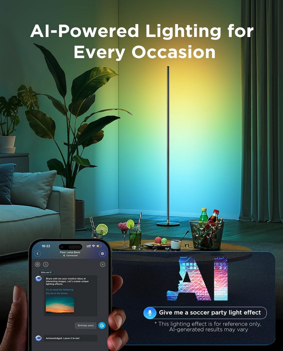 Govee RGBIC Floor Lamp – 40% Off on Best LED Corner Lamp with Alexa & Music Sync 4 Govee RGBIC smart LED floor lamp displaying colorful ambient lighting beside smartphone app control showcasing it can be ai-powered