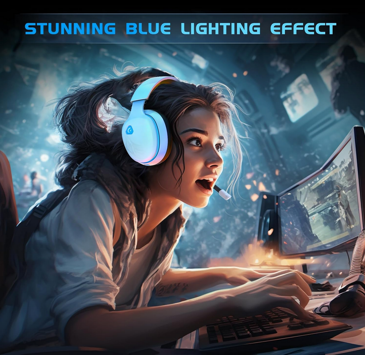 a woman gaming using Gtheos Bluetooth gaming headset with LED lights
