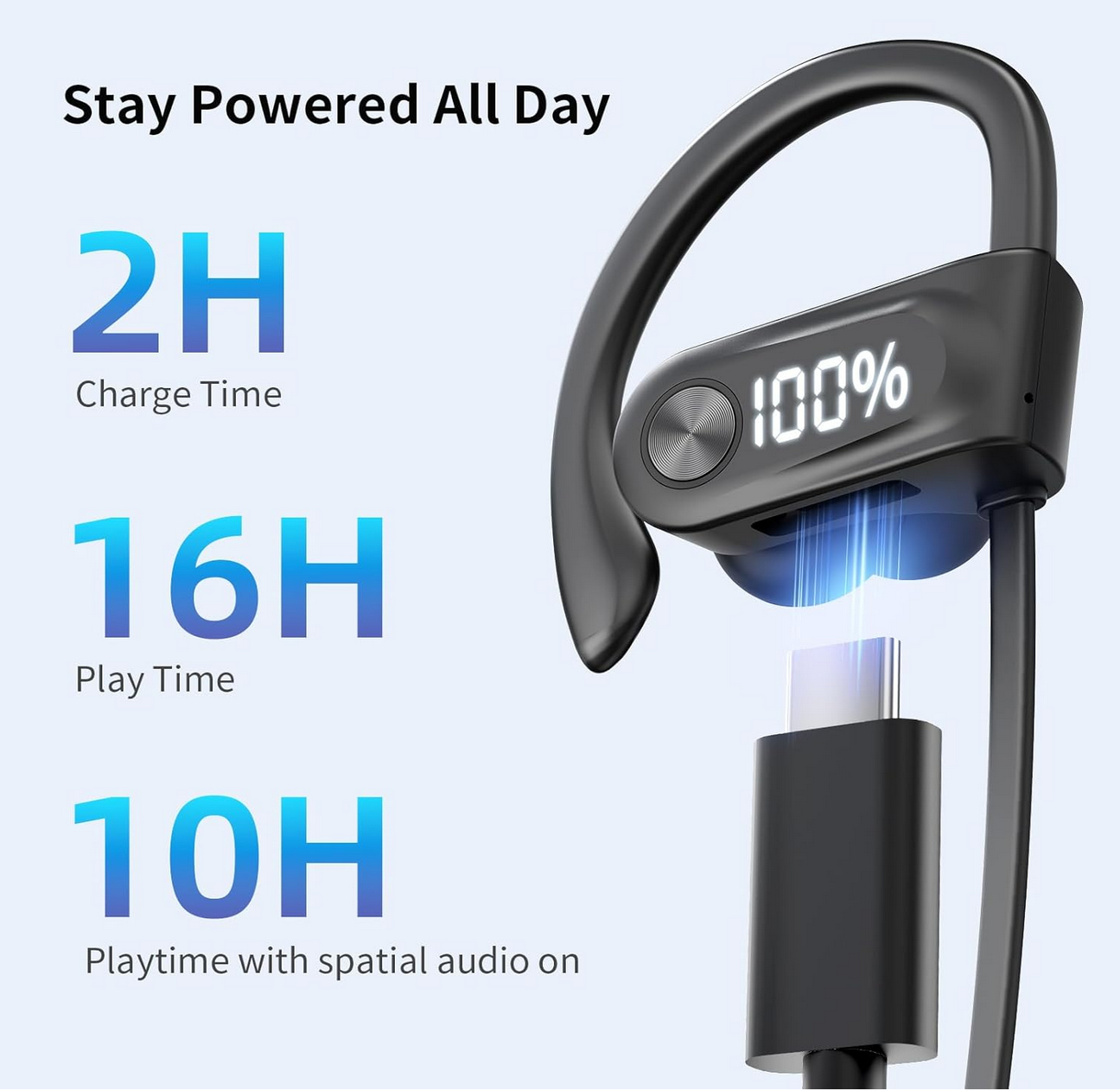 Immersive Spatial Audio! JOYWISE U30 Bluetooth 5.4 Earbuds, 70% OFF | Powerful Deep Bass 2 Bluetooth headphones showing 100% battery on charging case display