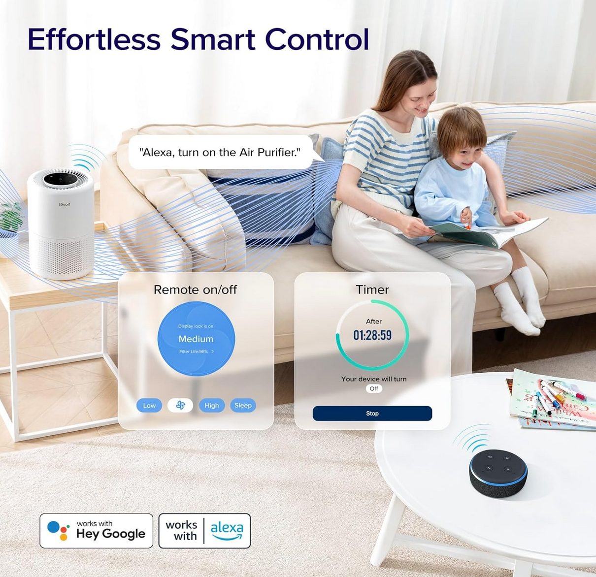 Is the LEVOIT Core 200S-P the Game-Changer Your Home’s Air Quality Needs? 4 Person relaxing in clean air environment with LEVOIT core air purifier on side table