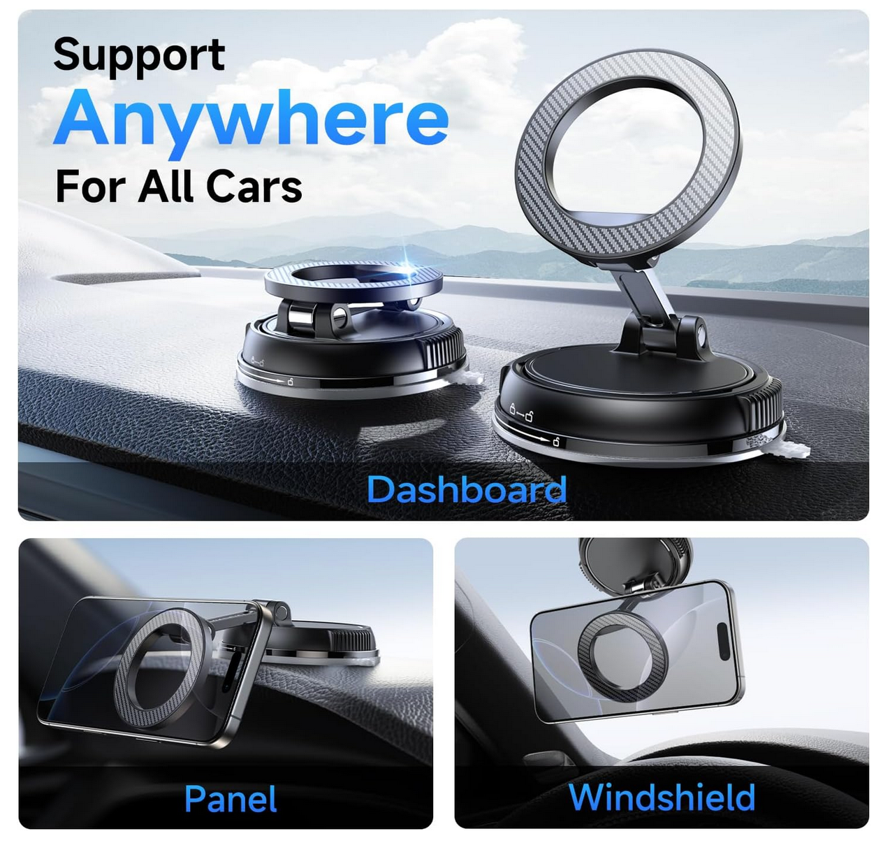 Installation view of ANDERY Car Phone Holder on windshield.