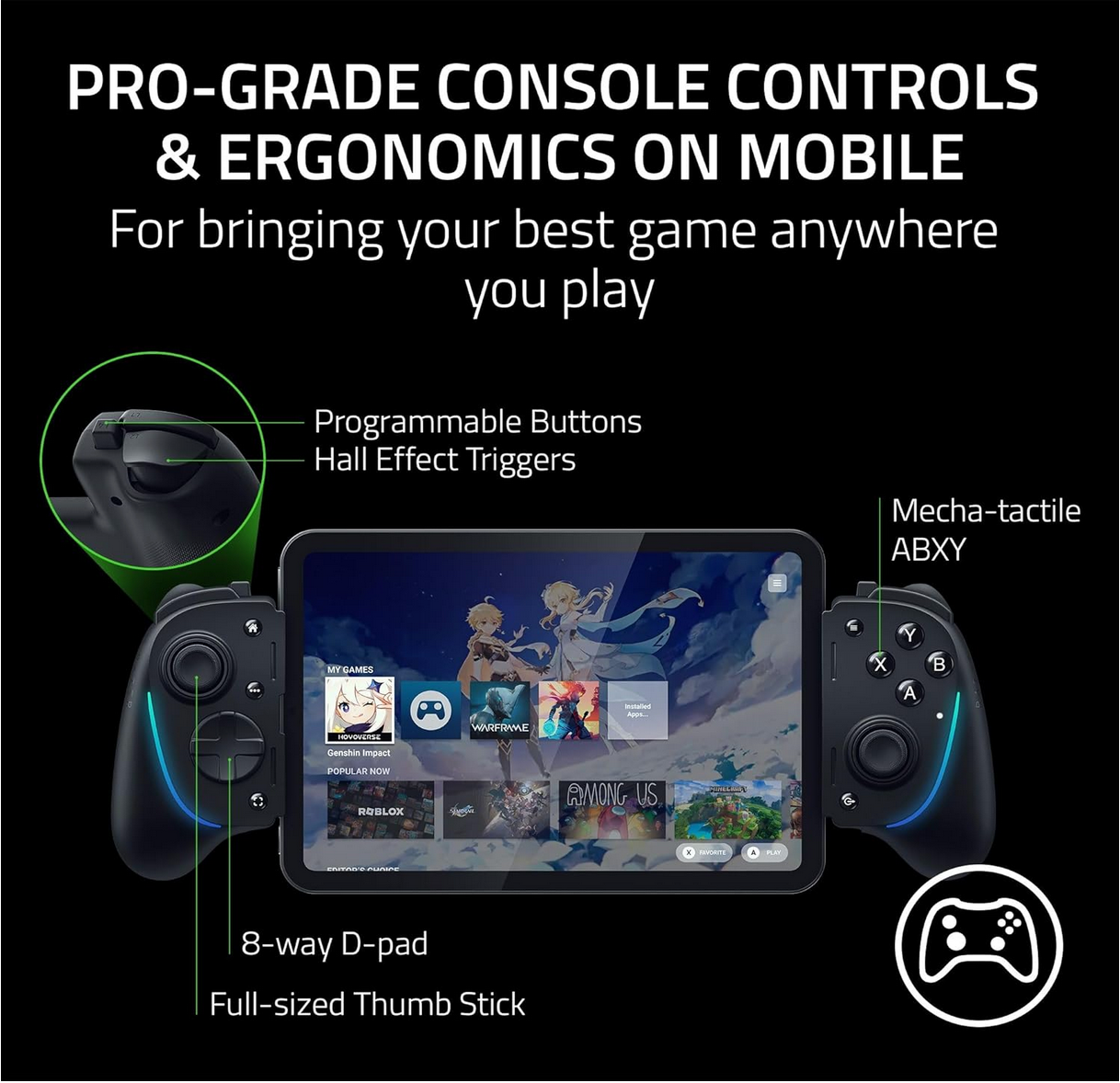 Why the Razer Kishi Ultra Is the Best Mobile Gaming Upgrade in 2025 (30% OFF Deal) 4 Close view of Razer Kishi Ultra buttons and RGB lighting, with Ultra ergonomic gaming grip design